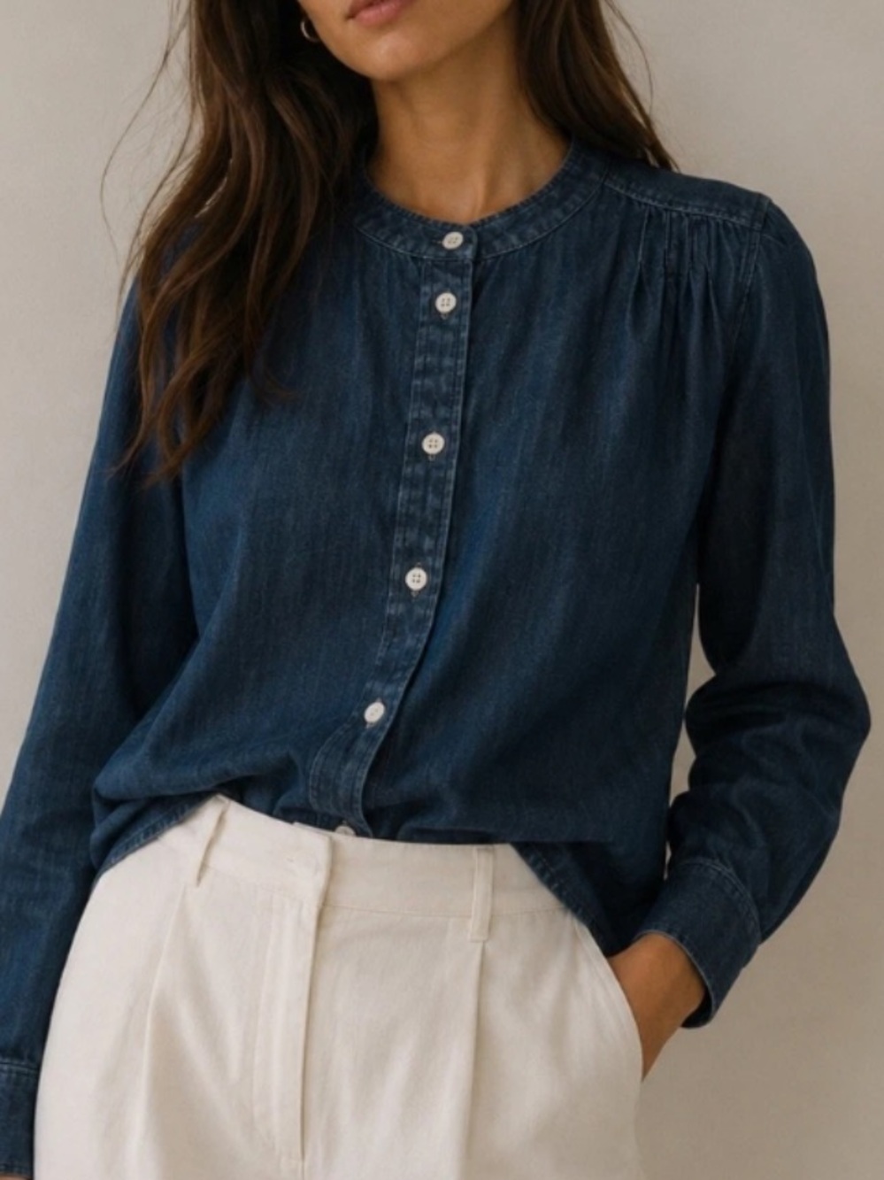 FRAME Charlie Denim Top Chambray Band Collar Puff Sleeve Button Front Size S